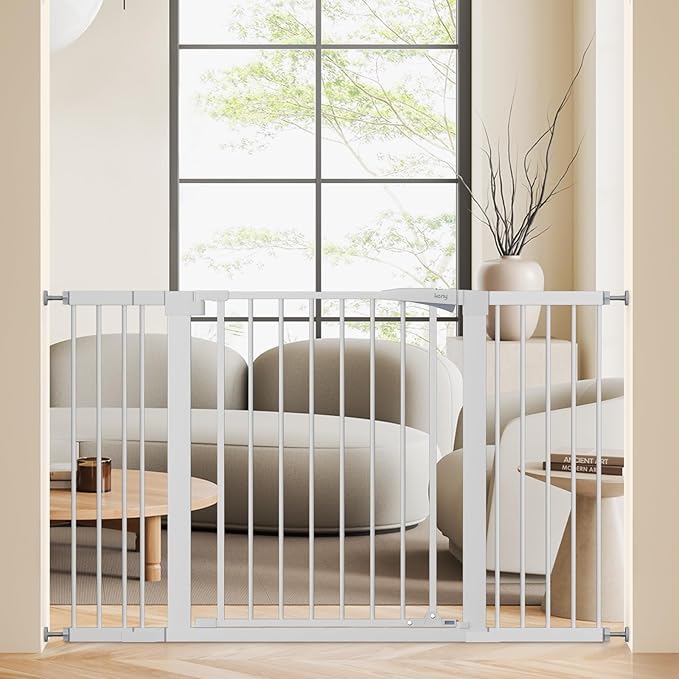 keny 29.7"-51.5" Extra Wide Baby Gate for Stairs, Easy Walk Thru Dog Gate with 21.1" Large Opening Door, Pressured Mounted No Drilling Pet Gate, 30" Tall, White