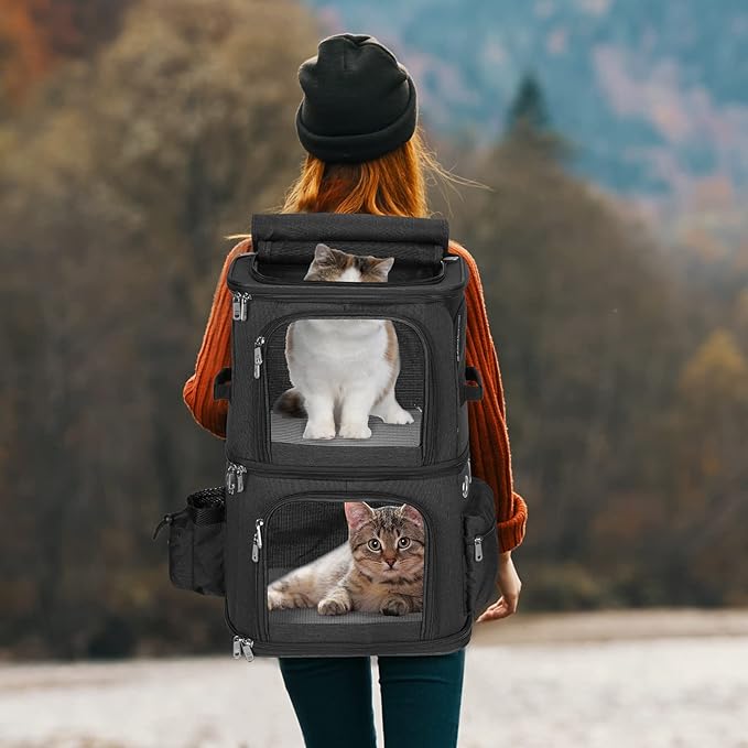 Double-Compartment Pet Carrier Backpack for 2 Cats or Small Dogs, Dual Travel Dog Cat Carrier wih Breathable Mesh Windows, Fits Pets up to 20 lbs, Perfect for Traveling/Hiking/Camping, Black