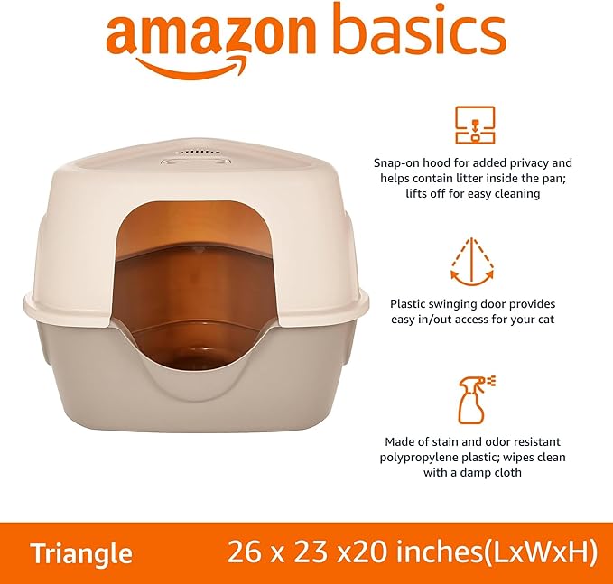 Amazon Basics Cat Litter Box with Lid, No-Mess, Enclosed Spacious Design with Odor Control, Charcoal Filter, 26" x 23" x 20", Charcoal