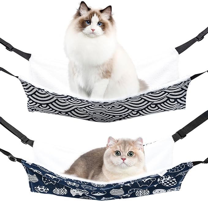 2 Pieces Cat Hammock for Cage Hanging Reversible, Soft Pet Cage Hammock with Adjustable Straps, Double Hammock Suitable for Cats, Puppy, Ferrets, and Small Animals (M, CAT) ﻿