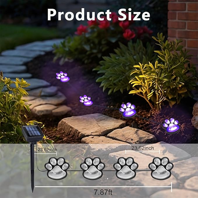 Paw Print Solar Lights - Outdoor Garden Decoration Waterproof, Cat Dog Animal Outdoor Garden (Set of 4), Grave Memorial Gifts, Gifts for Cat Dog Lovers (Purple Lights)