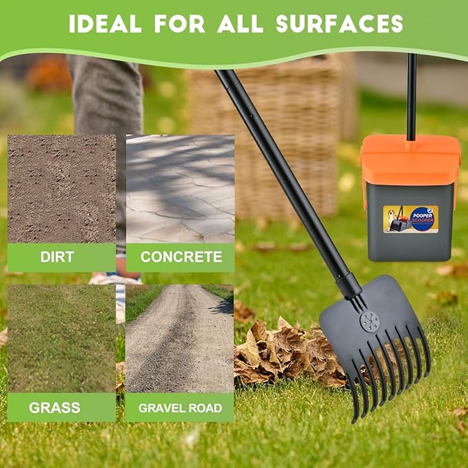 Dog Pooper Scooper Swivel Bin & Rake Kit with 55 Waste Bags, 46" Long Handle Adjustable Portable Non-Breakable Poop Scooper Easy to Clean Pet Waste