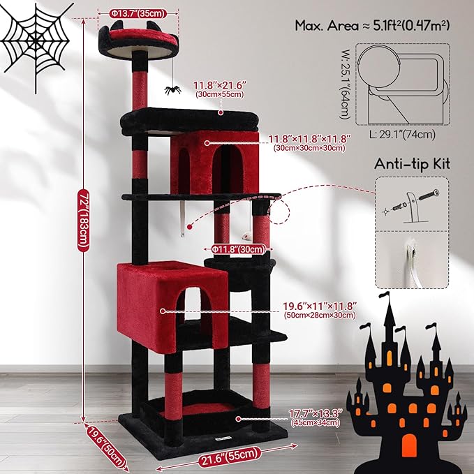 Globlazer Heavy Duty Gothic Cat Tree, 72in Large Cat Tower with Coffin Bed, Sturdy Maine Coon Cat Tree for Large Cats 20 lbs+, Medieval Castle Style with 6 Scratching Posts & Hammock, S72, Black & Red