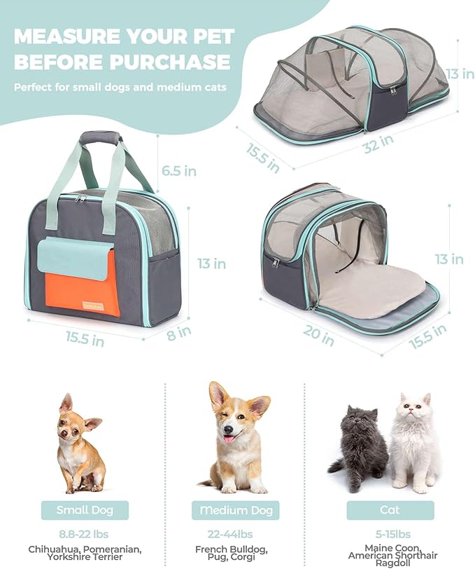 Expandable Cat & Small Dog Carrier Backpack, Soft-Sided Airline-Approved Pet Travel Bag with Dual-Side Expansion, Under-Seat Fit, Breathable Mesh, for Hiking, Vet Visits & Trips (Up to 22 lbs)