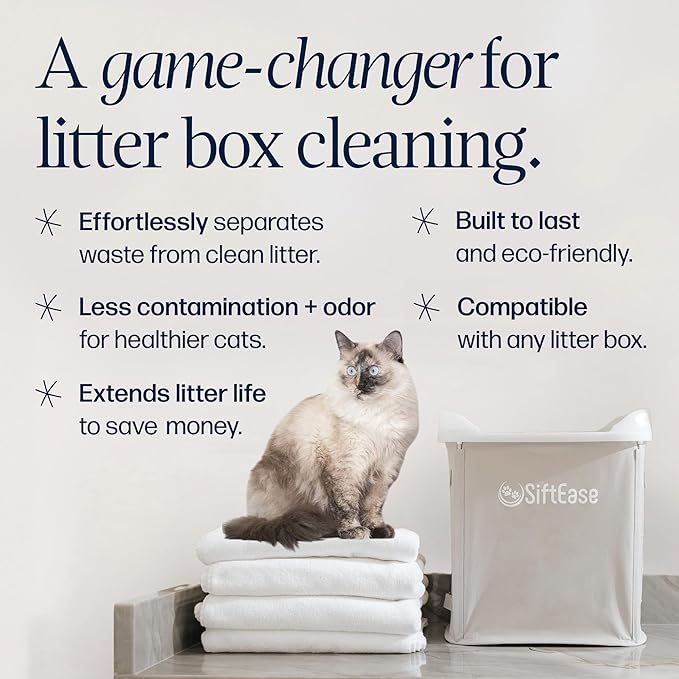 Cat Litter Sifter - SiftEase Litter Box Sifting, Fast Scoop Free Cleaning, Large Sift with Bin for Longer Lasting Litter, Easy Clean Sifting Litter Box Cleaner (Light Grey)
