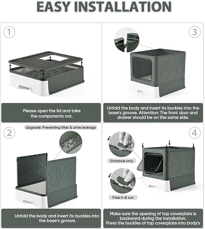 Cat Litter Box with X-Large Litter Mat and Scoop, Large Covered Litter Box with Lid, Enclosed Kitty Box,Front Top Entry Exit, Odor Control Easy to Clean (Upgrade Olive Green)