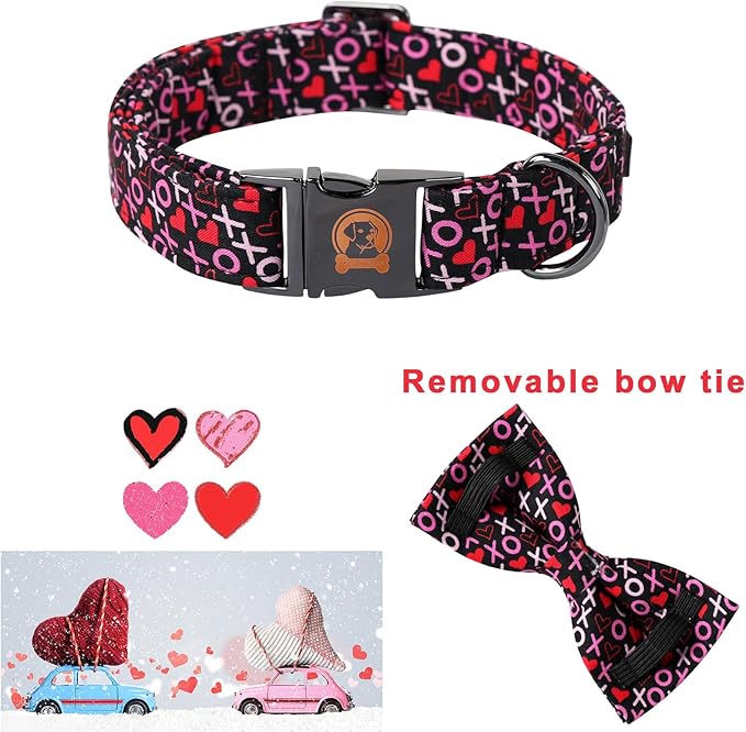 MR. CHUBBYFACE Valentine's Dog Collar with Bowtie, XOXO Red Heart Dog Collar with Metal Buckle, Cute Adjustable Boy Girl Female Collars for Small Medium Large Dogs