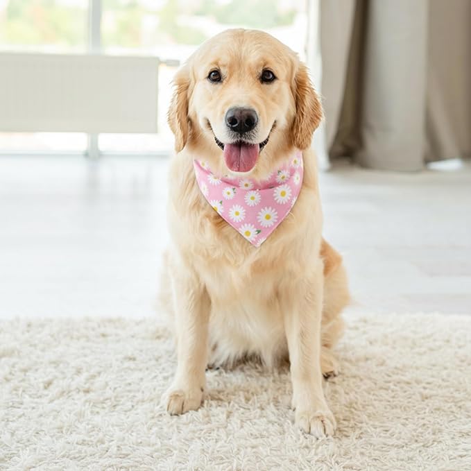 4Pcs Floral Dog Bandanas Girl Large Daisy Triangle Scarf Reversible Spring Bibs Handkerchief Cute Flower Bandanas for Large Dogs Pets