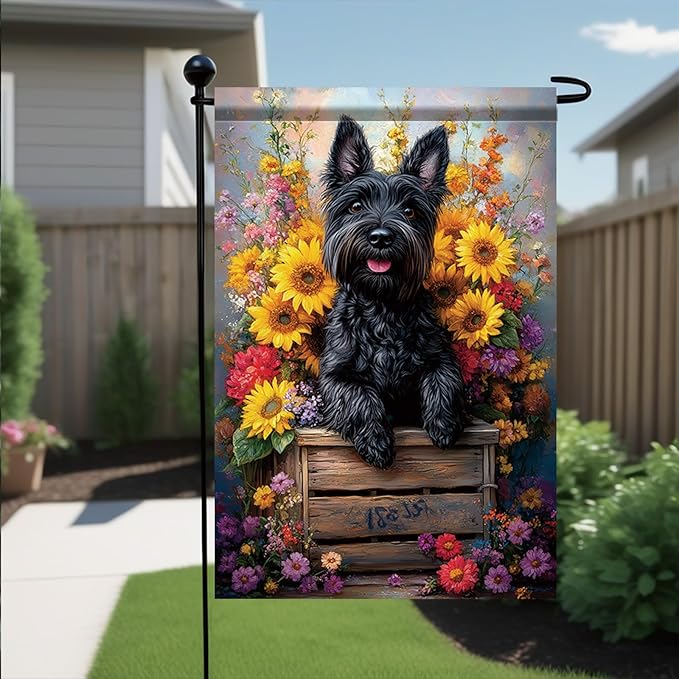 Garden Flag Black Terrier Dog with Sunflowers Floral Crate Yard Banner 12x18 Inch Double Sided Seasonal Spring Summer Outdoor Decoration for Porch Lawn Patio Outside House Dog Lover Gift