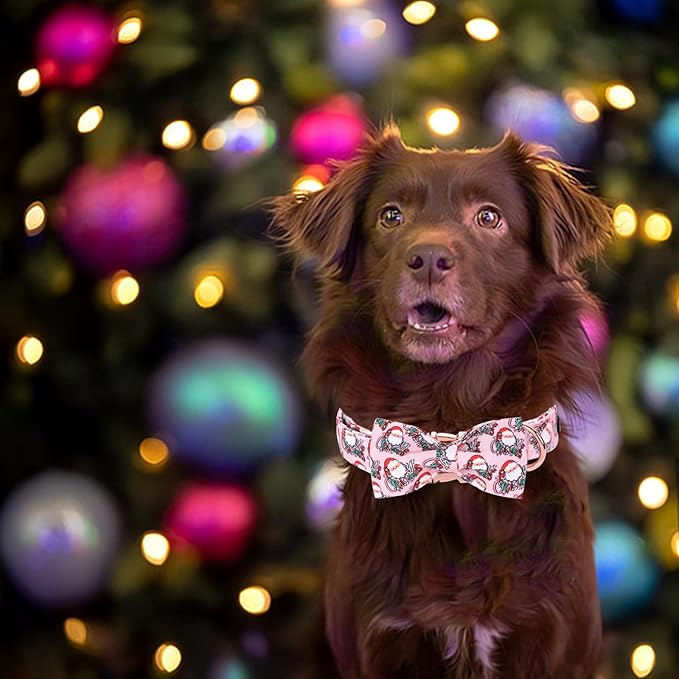 Christmas Dog Collar, Pink Christmas Santa Claus Dog Collar Bow Tie Pet Collars with Bow Adjustable Pet Collars with Premium Metal Buckle Dogs Necklace for Medium Girl Dogs