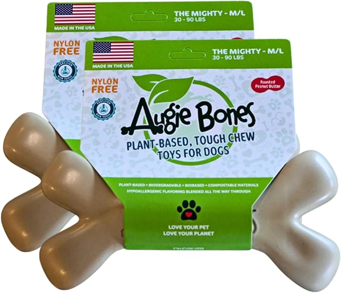 2-Pack Non-Toxic Dog Toys - Sustainable Roasted Peanut Butter Flavored Dog Chew Toys for Aggressive Chewers - Plant-Based Bioplastic Pet Toys - Made in The USA (Mighty)