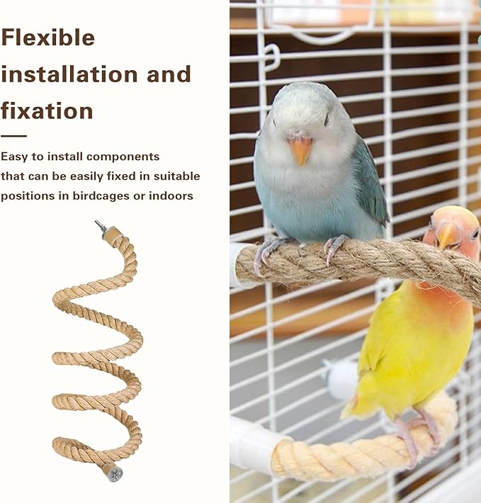 Bird Rope Perch for Parrots,Bird Cage Climbing Rope Toys Accessories,Bendable Climbing,Bendable Natural Jute Boing with Pine Wood and Stainless Steel Mount,Parakeet Lovebirds(4.9 feet Jute)