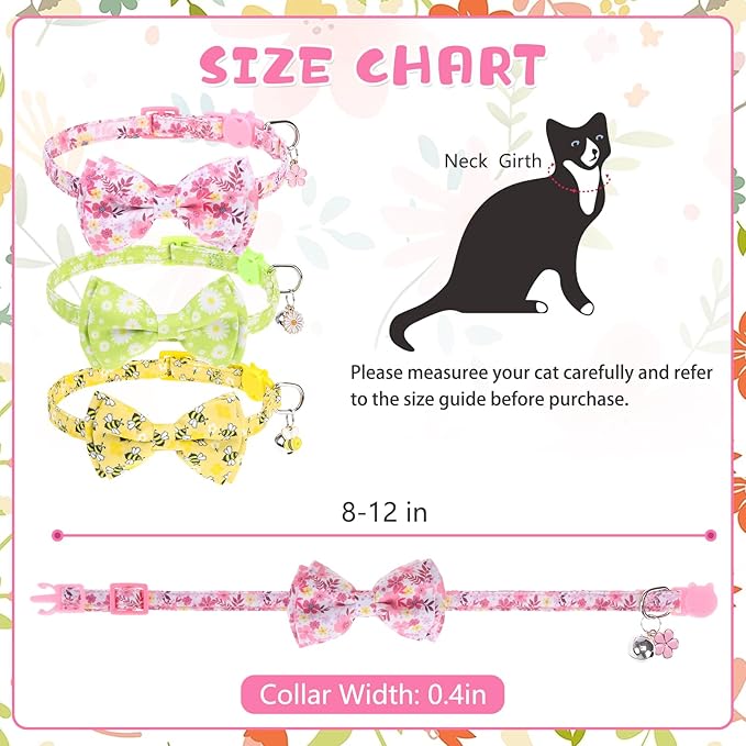 KOOLTAIL Spring Cat Collar with Bow Tie and Bell - 3 Pack Cute Cat Collars Breakaway with Flower & Bee Pattern, Adjustable Fancy Kitten Collar with Safety Buckle for Girls Boys Kitty