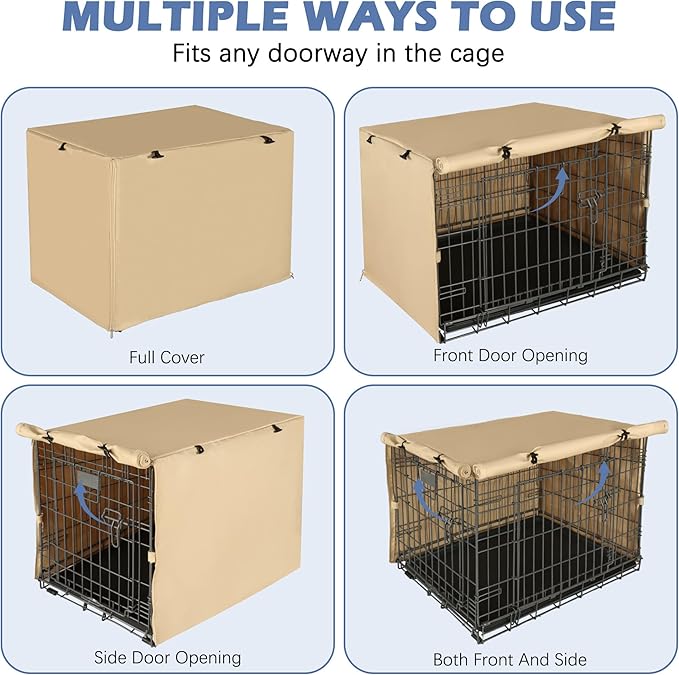 Dog Crate Cover - Double Door Waterproof Pet Kennel Cover, Durable 600D Polyester Protective Cage Cover for 24/30/36/42/48 Inch Dog Crate - Beige
