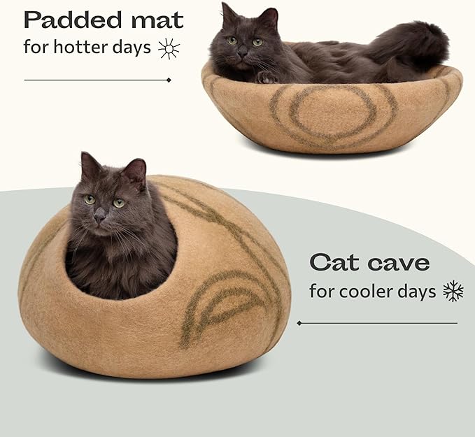 MEOWFIA Cat Cave – Premium Felt Cat Bed for Indoor Cats, Handmade Merino Wool (Beige, Medium)