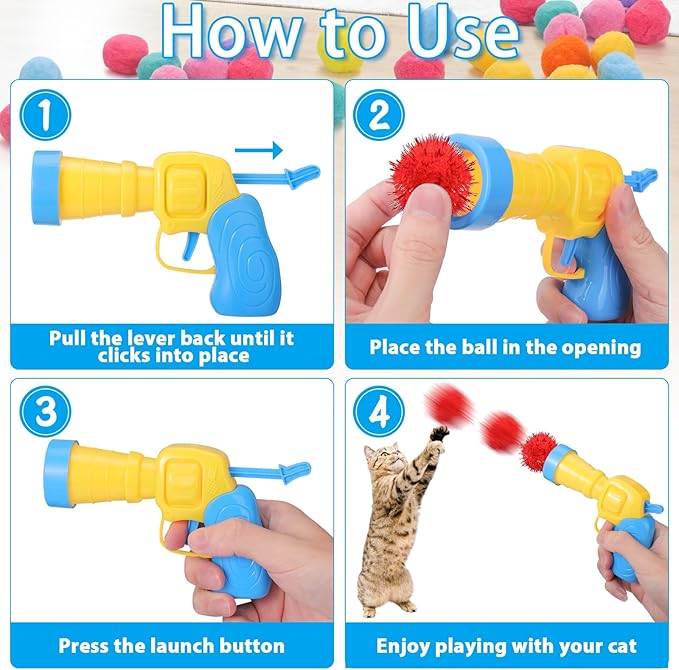 Mity rain 101PCS Cat Ball Launchers & Pom Pom Balls Interactive Cat Toy Set – Safe Soft Plush Kitten Toys for Indoor Cats, Fun Kitten Toys for Endless Active Play (Shining)