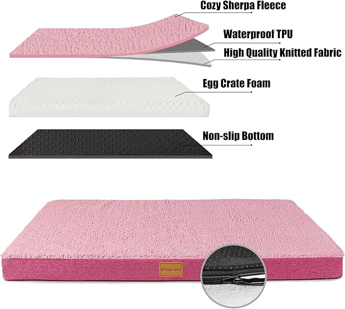 Patas Lague Orthopedic Dog Bed Large Sized Dog 36''X24'',Soft Waterproof Egg Crate Foam Medium Pet Crate Beds Mat with Removable Washable Cover and Non-Slip Bottom, Hot Pink