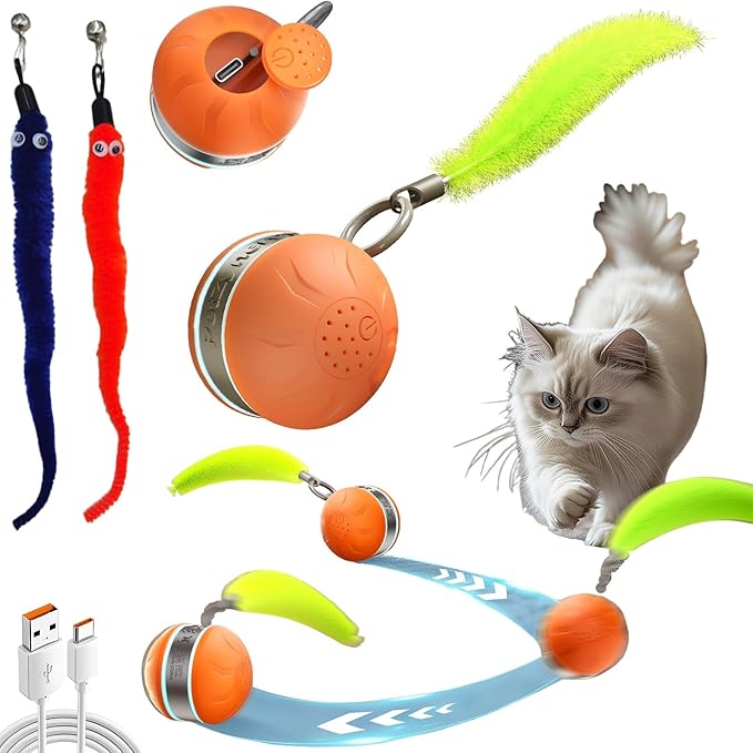 Interactive Cat Toy Ball Automatic Interactive Cat Toys for Indoor Cats with 3 Tails Birdsong 3 Modes Newly Upgraded Speedy 2.0 Tail Cat Toys for Kitten/Medium/Large Cats to Keep Them Busy(Orange)