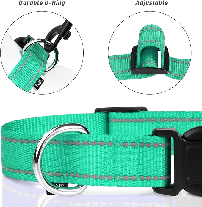 TagME Reflective Nylon Dog Collars, Adjustable Classic Pet Collar with Quick Release Buckle for Extra Large Dogs, Turquoise, 1¼" Width
