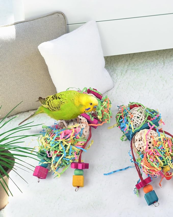 Bissap 2PCS Bird Parrot Foraging Shredder Hanging Toys Sola Balls Sepak Takraw with Pacifier for Small Parrots Parakeets Conures Cockatiels Love Birds Cage Toy