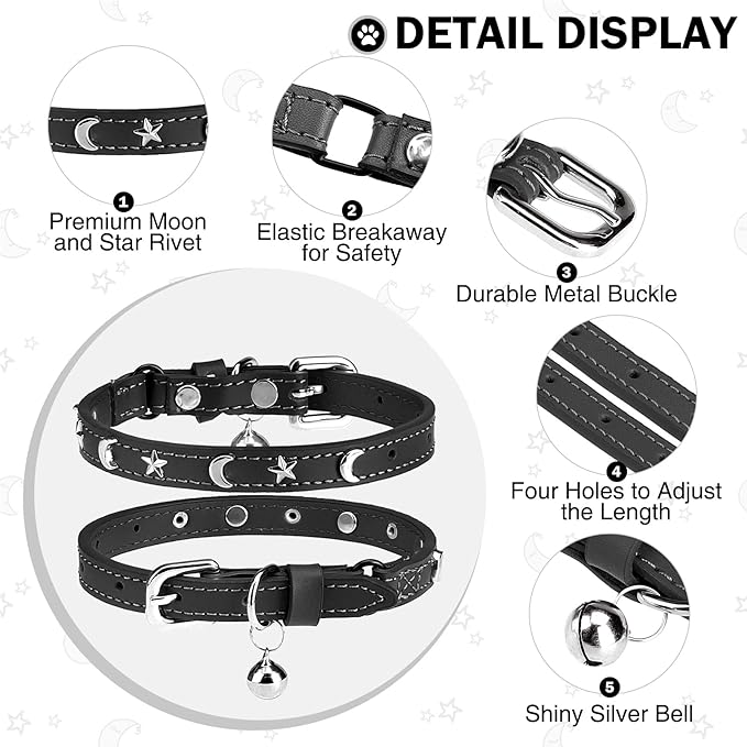 Leather Cat Collars for Boy Girl Cats with Bell and Safety Elastic Belt, Personalized Star and Moon Stud Adjustable Safe Buckle Collar for Kitty Small Big Cats Size 7-9 Inch, Black