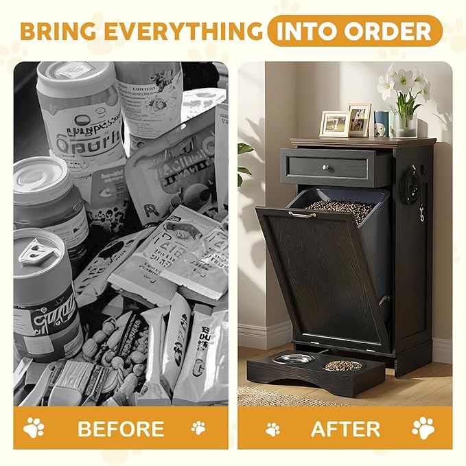 21’’W Dog Feeding Station with Storage, Tilt Out Dog Food Cabinet with Drawer, 2 Feeding Bowls, Pet Food Storage, Cat Feeding Station, Dogs Storage Organizer, (Black, Single Door)