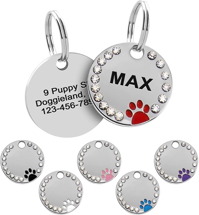 Paw Shape Dog ID Tag Stainless Steel Custom Laser Engraved, Cute Bling Glitter Pet Name Tags Personalized with Durable Engraving (Silver Round Crystals Paw)
