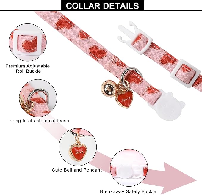 Lionet Paws 2pcs Pack Valentine's Day Cotton Cat Collar,Breakaway Buckle with Pink Red Heart Cute Adjustable Cat Kitten Collar,Ideal for Girl Cats