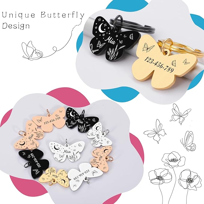 Dog Tags Personalized for Pets - Custom Dog Name Tag for Dog Collar, Colorful Butterfly Pet ID Tag, Stainless Steel Pet ID Tags for Small Large Dogs Cats, Pets Accessories for Cat Engraved Both Sides