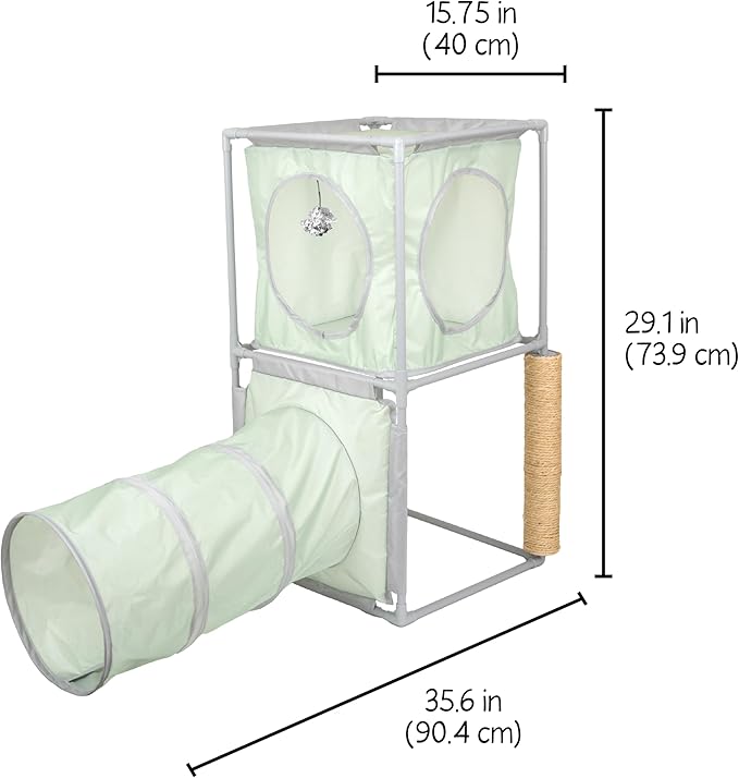 Kitty City Cozy Cube Retreat Cat Tower with Tunnel, Scratching Post & Hanging Toy, Dual-Level Indoor Cat Play Furniture for Climbing, Hiding & Lounging, Green