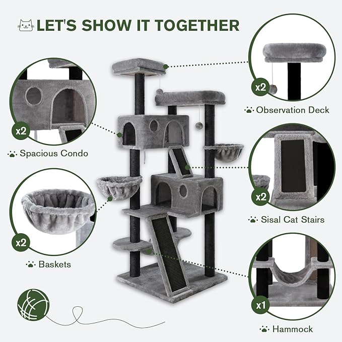 MUTICOR 66 Inches Multi-Level Large Cat Tree Tower for Indoor Big Feline/Cozy Plush Perches/Condo/Sisal Scratching Posts/Hammock and Baskets/Activity Center Play House/Wide Base/Black & Grey