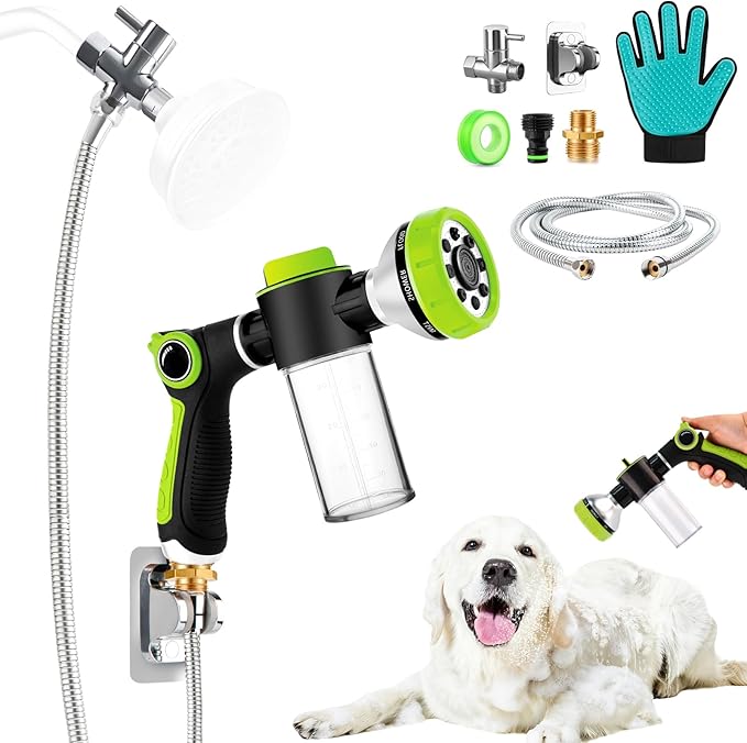Dog Washing Hose Attachment - Dog Shower Attachment with 3-Way Diverter and 6.56FT Shower Hose, 8-in-1 Water Nozzle Soap Sprayer for Pet Bathing and Garden Nozzle, Pet Grooming Glove