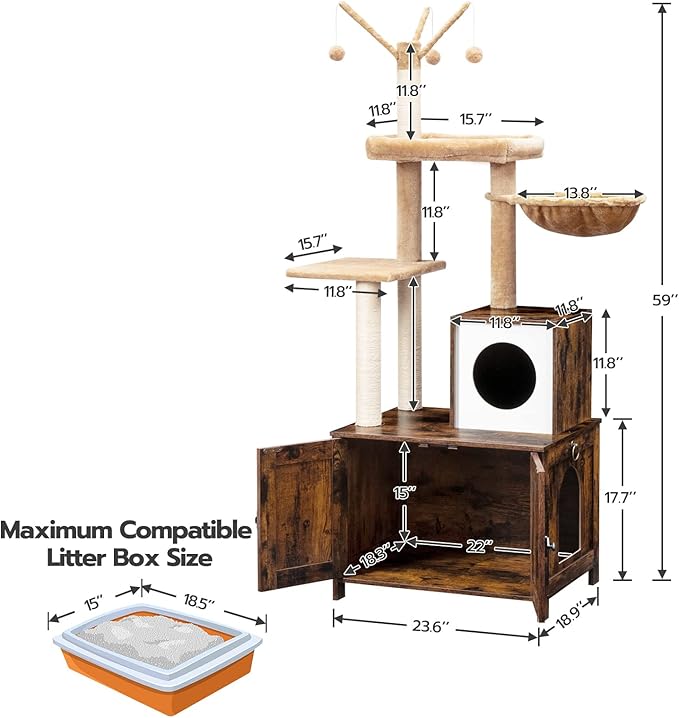 HOOBRO Cat Tree with Litter Box Enclosure for Indoor, Wooden Cat Condo with Scratching Posts, Hidden Litter Box Furniture, All-in-One Cat House, Rustic Brown FG15MZ03