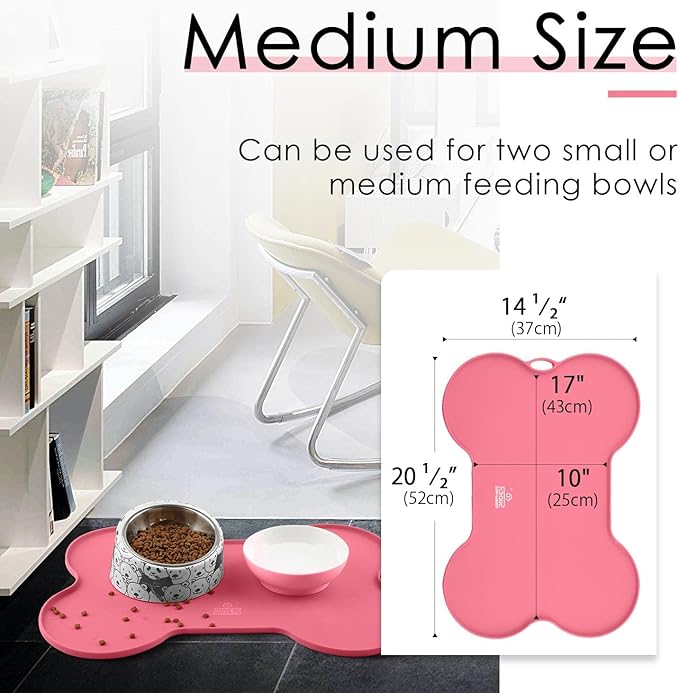 Super Design Dog Food Mat Dog Bowl Mat for Food and Water Silicone Non Spill Cat Feeding Mat Puppy Placemat Waterproof - 20.5" x 14.5", Pink