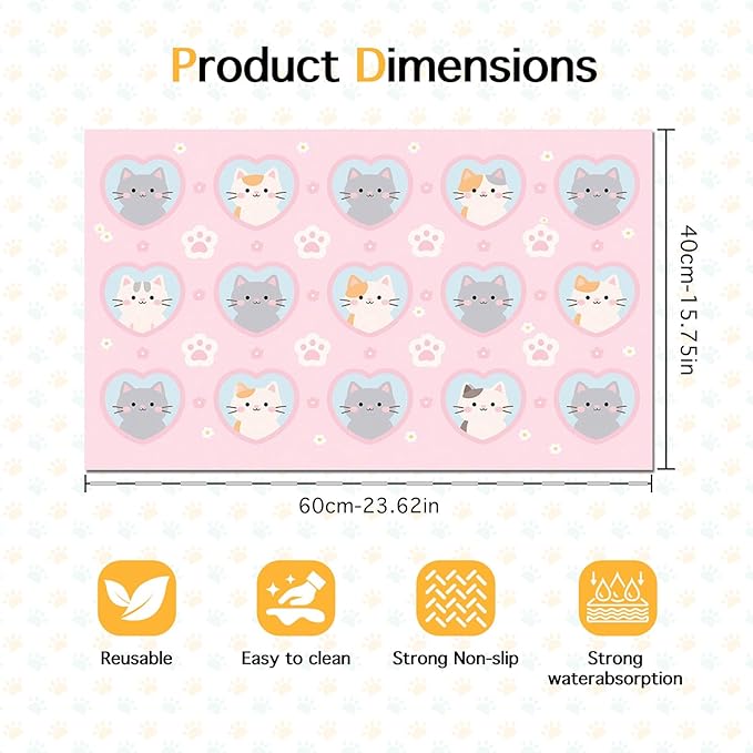 Cat Feeding Mat 24x16 inch Pink Heart Kitten Print Pet Bowl Placemat Non Slip Floor Mat for Food and Water Indoor Kitty Feeding Station Cute Meal Pad for Small Pets Kitchen Use