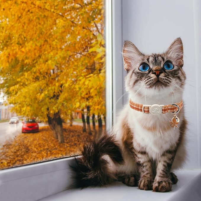 Cat Collar-2Pack Autumn Orange Plaid Kitten Collars-Halloween Plaid Breakaway Kitty Collars-Cute Kitty Pendants,Yellow Orange Grid Cat Collar with Bell, for Girl & Boy Cats