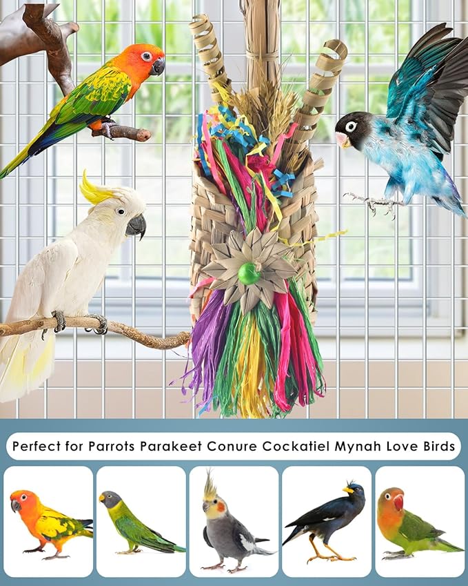 Bissap Bird Chew Toys, Parrot Foraging Shredder Natural Palm Frond Woven Bag Hanging Cage Toy with Chewing Treats for Conure Budgie Cockatiel Cockatoos and Similar Sized Pet Birds