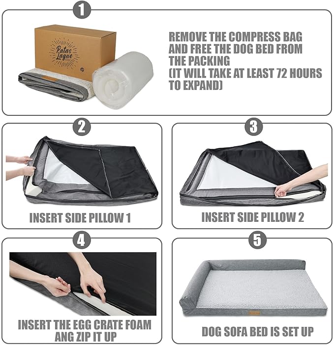 Patas Lague Orthopedic Dog Bed Large Sized Dog 36''X24'', Waterproof L Bolster Medium Pet Sofa Beds with Removable Washable Cover, Soft Comfortable Pet Couch Crate Mat with Nonskid Bottom, Pink