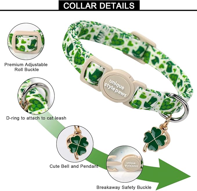 Unique style paws 2 Pack St. Patrick's Day Kitten Collar Breakaway with Bell&Pendant, Adjustable Safety Green Clover Magic Hat Cat Cotton Collar for Girl Boy Cat and Small Pet