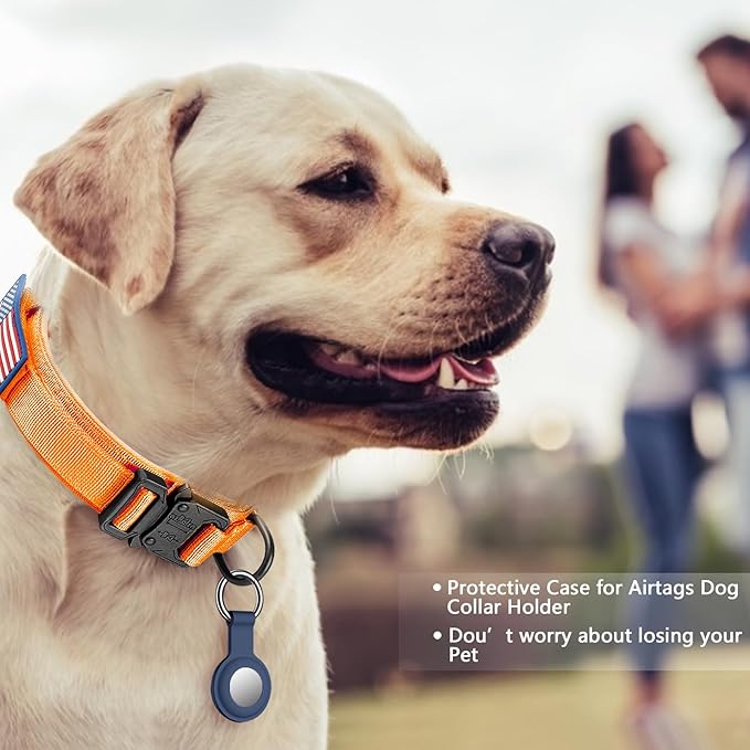 DAGANXI Tactical Dog Collar, Adjustable Military Training Nylon Dog Collar with Control Handle and Heavy Metal Buckle for Medium and Large Dogs, with Patches and Airtags Case (Orange, L)