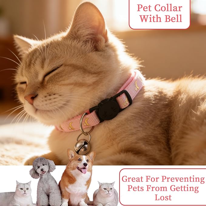 Jeffdad 4Pcs Cat Collar with Bells, Breakaway Cat Collars Kitten Collar Moons Stars Cute Kitty Safe Kitten Collars for Kitten Cats-Adjustable 8.3-13.4 Inch