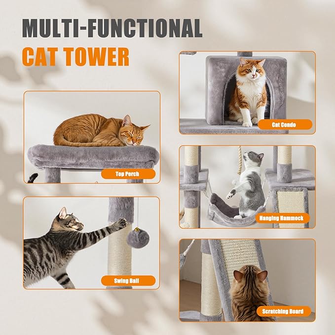 Sweetcrispy 63 inch Cat Tree Tower, Large Multi Level Cat Climbing Tower with Condo, Natural Sisal Scratching Posts, Extended Platform, Hammock, Pet House for Indoor Cats and Kittens Play, Grey