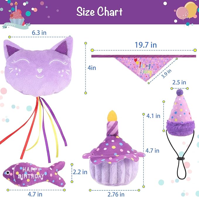 BINGPET Cat Birthday Catnip Toys for Indoor Cats, 5 Pcs Cat Birthday Gift Kitten Interactive Toys for Boy Girl Cats, Soft Plush Catmint Kitty Chew Kick Toy, Hat, Bandana, Balloon, Cake, Fish, Purple