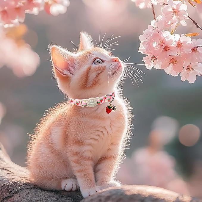 2 Pack Cotton Cat Collars - Cute Breakaway Cat Collar with Bell, Strawberry and Flower Pendant, Spring Summer Adjustable Kitten Collars for Girl Cats, Sweet Floral Fruit