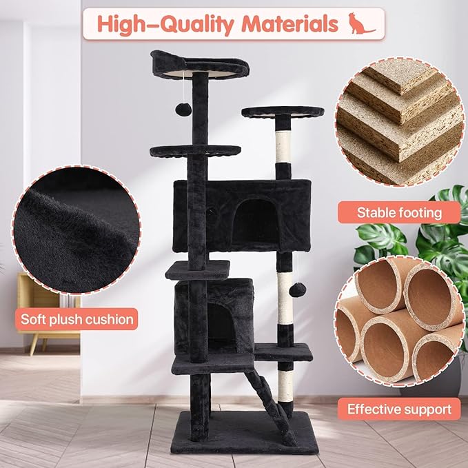 54in Cat Tree Cat Climbing Tower with Scratching Post, Cats House Perch Kitten Tree Condo Wood Playhouse, Pet Trees Tower for Indoor Cats, Dark Gray