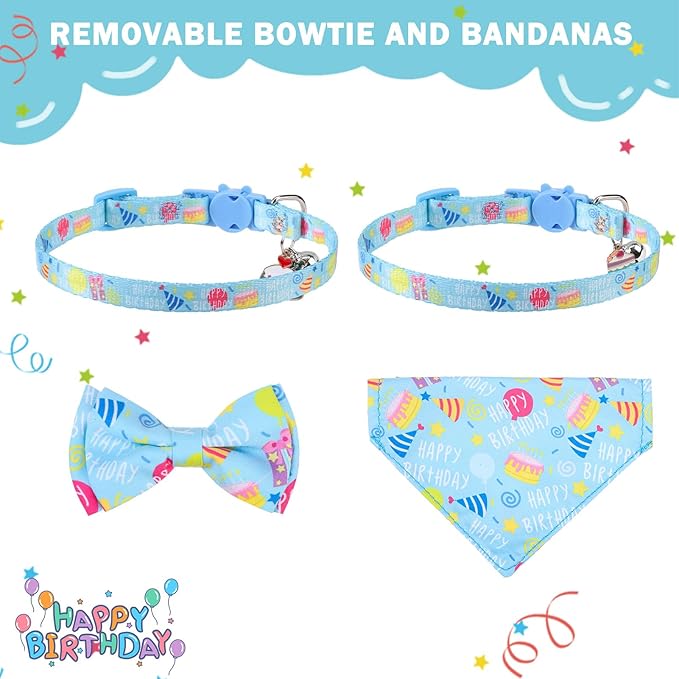 SCENEREAL Cat Bandana Collars for Birthday - 2 Pack Breakaway Kitten Collars with Bell Bowtie, Accessories for Pet Collars, Adjustable Cute Cat Collars for Cats and Small Dogs Boys Girls, (Blue)