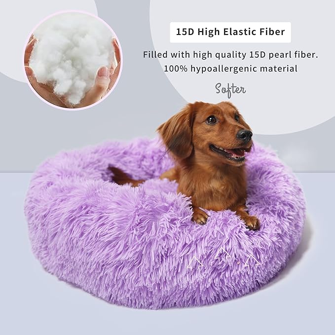Calming Dog Bed for Medium Dogs Washable Donut 30 inches Anti-Slip Pet Bed,Round Fluffy Plush Faux Fur Cat Bed,Fits up to 45 lbs Pets,Purple