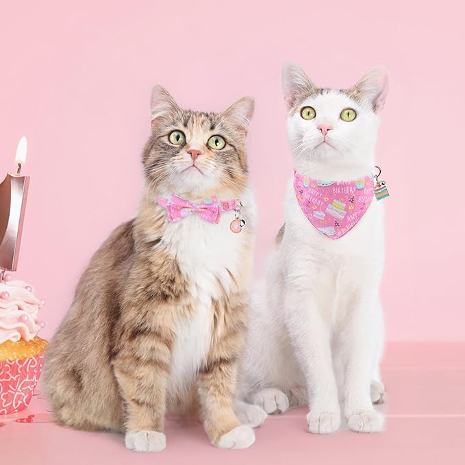 SCENEREAL Cat Bandana Collar for Birthday - 2 Pack Breakaway Kitten Collars With Bell Bowtie, Accessories for Pets, Adjustable Cute for Cats and Small Dogs Boys Girls, (Pink)