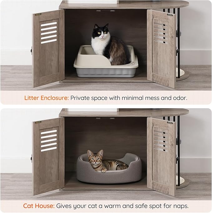 HOOBRO Cat Tree with Litter Box Enclosure, Arched All-in-One 31.5" Cat Tower with Hidden Litter Box Furniture for Indoor Cats, Versatile Cat Condo with Sisal Posts, Hammock, Greige and Gray BG45MZ03