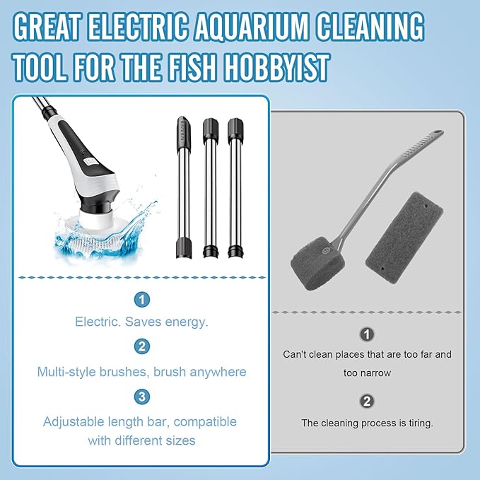 Electric Fish Tank Cleaner, Aquarium Spin Cleaning Brush, IPX8 Waterproof Aquarium Gravel Cleaner & Water Changer, Aquarium Clean Spin Scrubber & Algae Scraper Tools Kit with Adjustable Handle